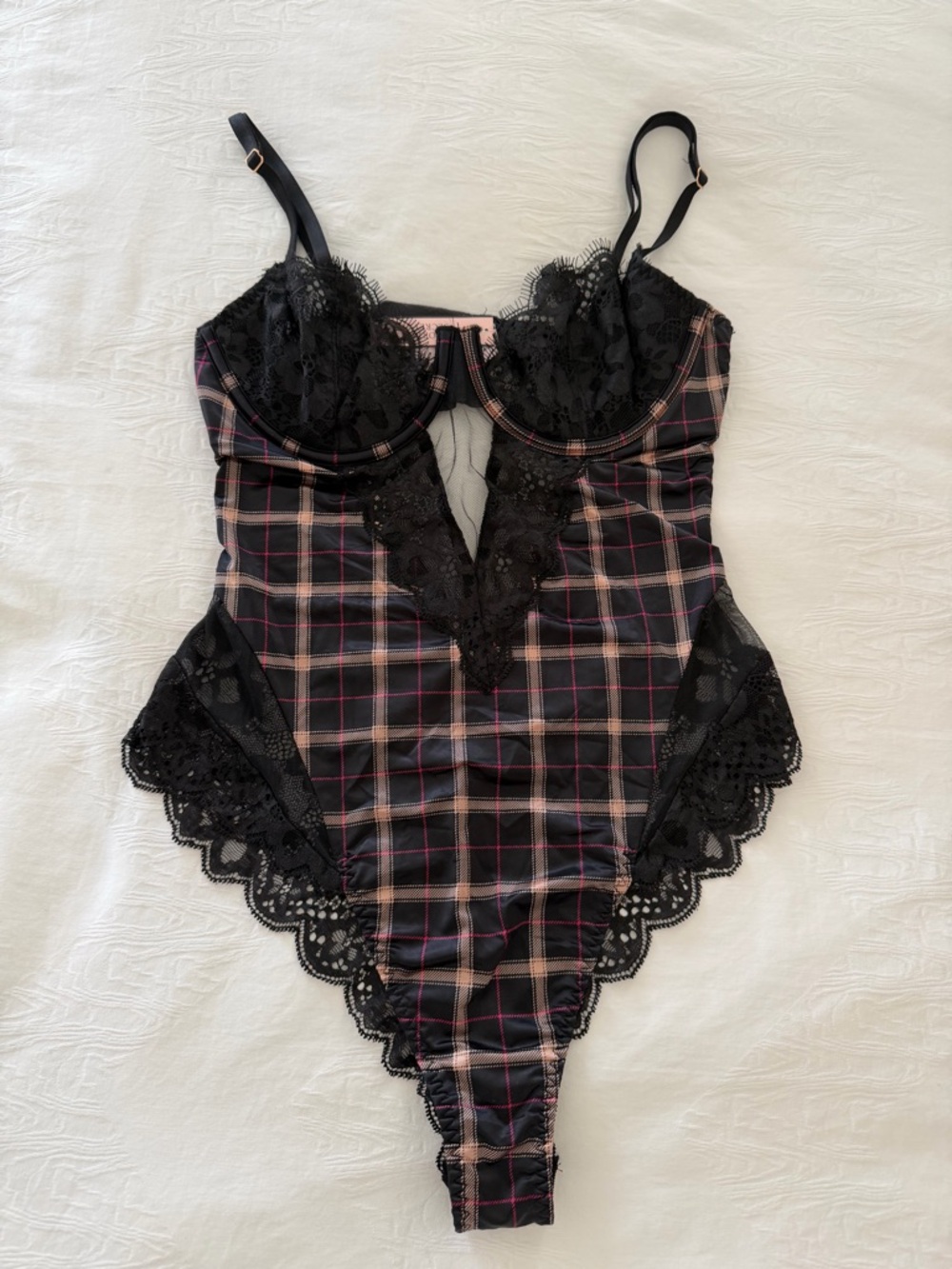 Victoria's Secret Black Lace Plaid Teddy